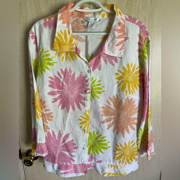 Fresh Produce Linen Button Front Top White Pink & Orange Floral Daisy Sz XL - Picture 1 of 9